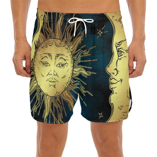 Vintage Sun And Moon Print Men's Split Running Shorts
