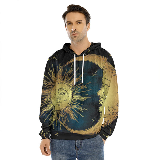 Vintage Sun And Moon Print Men's Velvet Pullover Hoodie