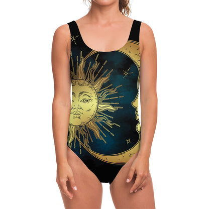 Vintage Sun And Moon Print One Piece Swimsuit