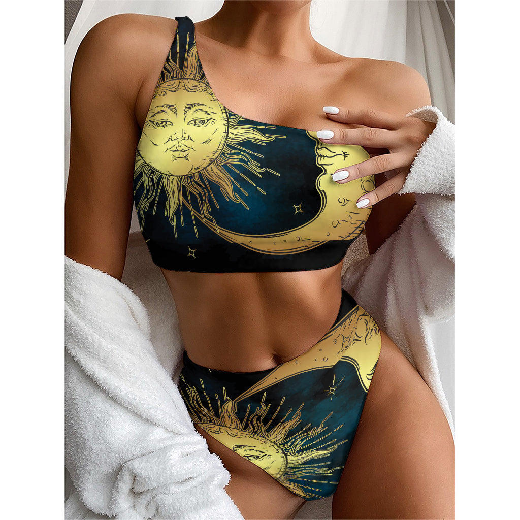 Vintage Sun And Moon Print One Shoulder Bikini Top