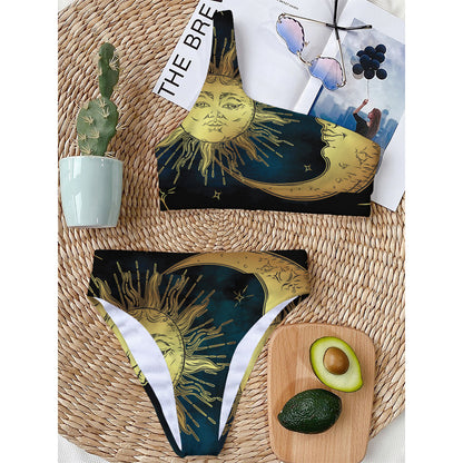 Vintage Sun And Moon Print One Shoulder Bikini Top