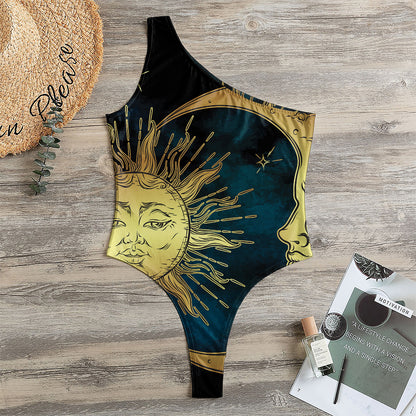 Vintage Sun And Moon Print One Shoulder Bodysuit