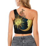 Vintage Sun And Moon Print One Shoulder Crop Top