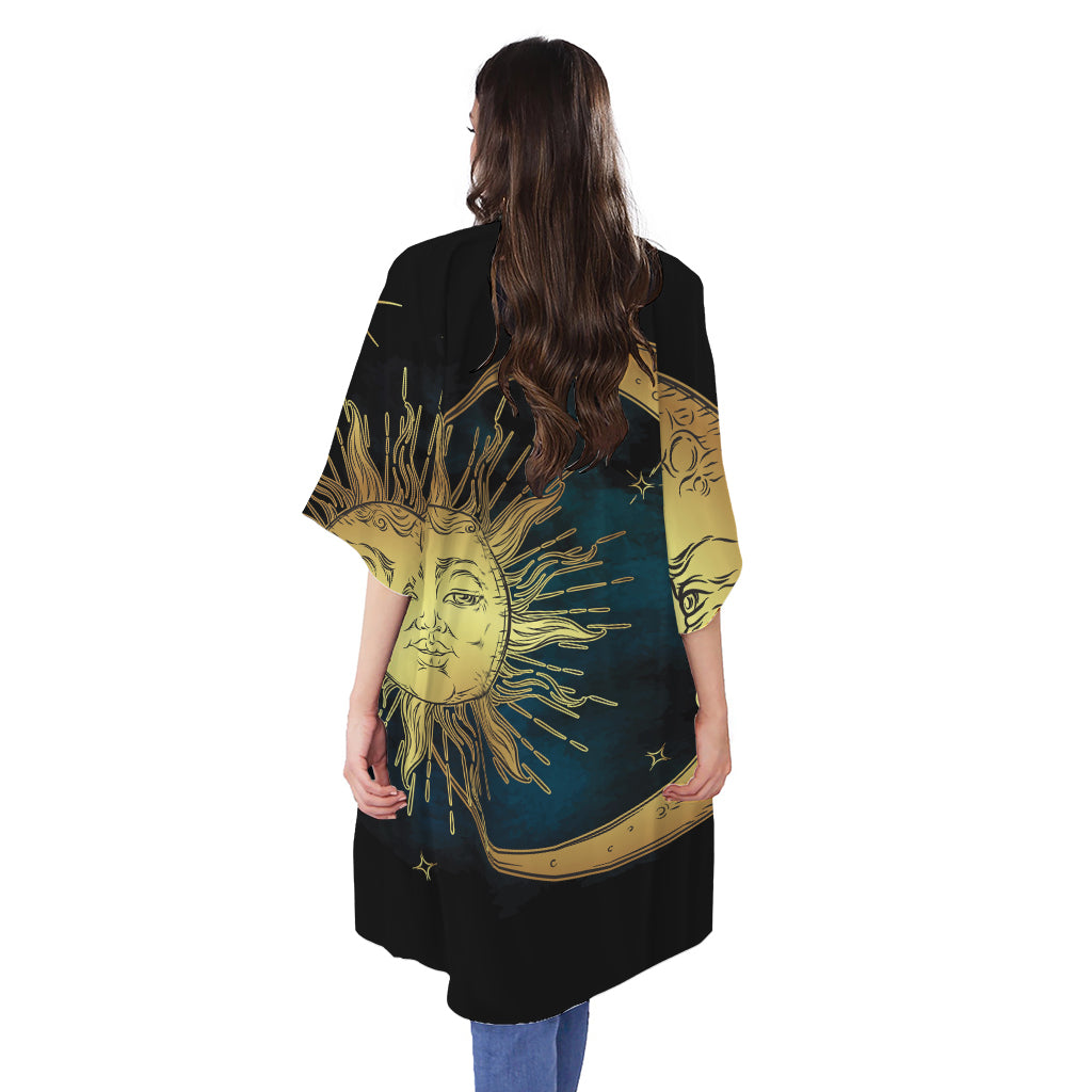 Vintage Sun And Moon Print Open Front Beach Cover Up