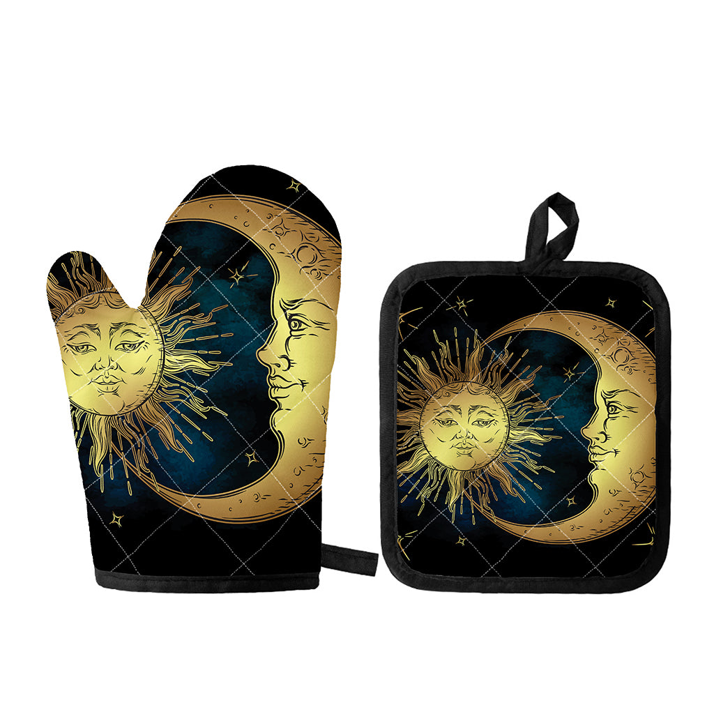 Vintage Sun And Moon Print Oven Mitt And Pot Holder Set