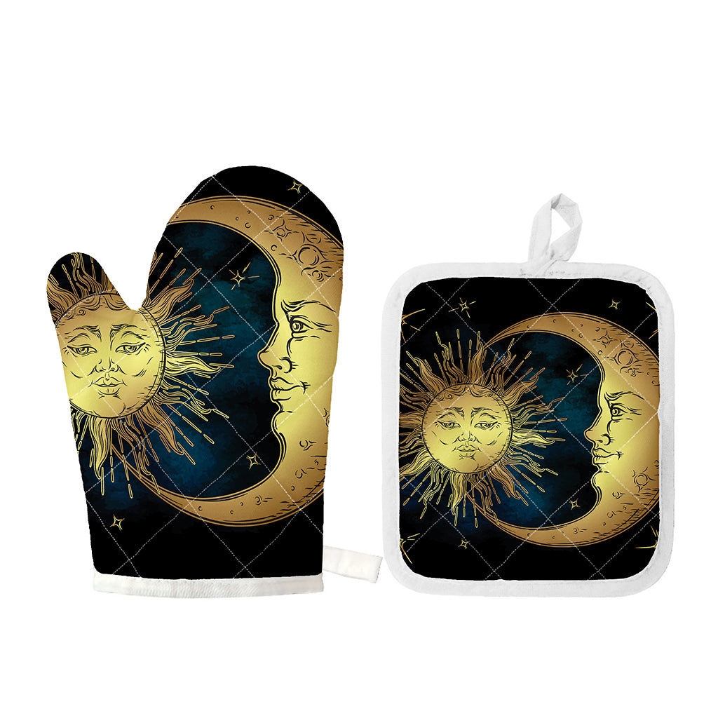 Vintage Sun And Moon Print Oven Mitt And Pot Holder Set