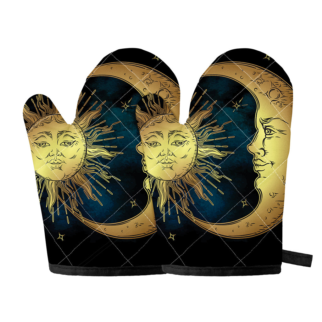Vintage Sun And Moon Print Oven Mitts