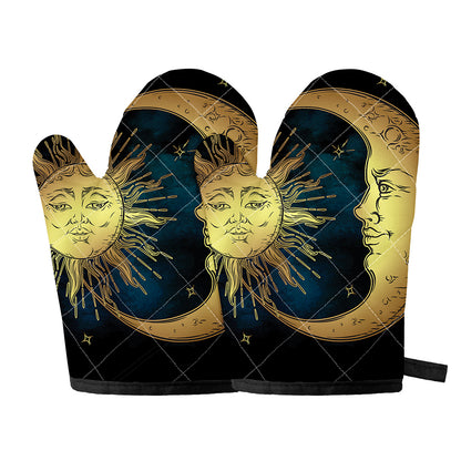 Vintage Sun And Moon Print Oven Mitts