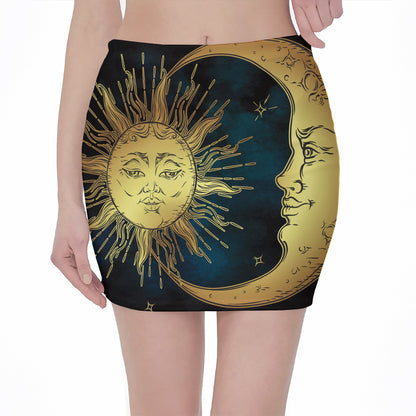 Vintage Sun And Moon Print Pencil Mini Skirt