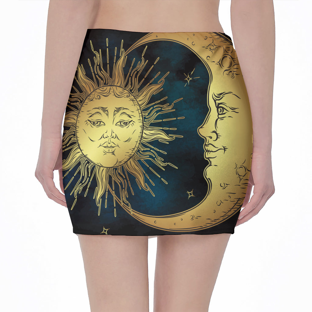 Vintage Sun And Moon Print Pencil Mini Skirt