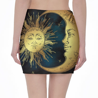 Vintage Sun And Moon Print Pencil Mini Skirt