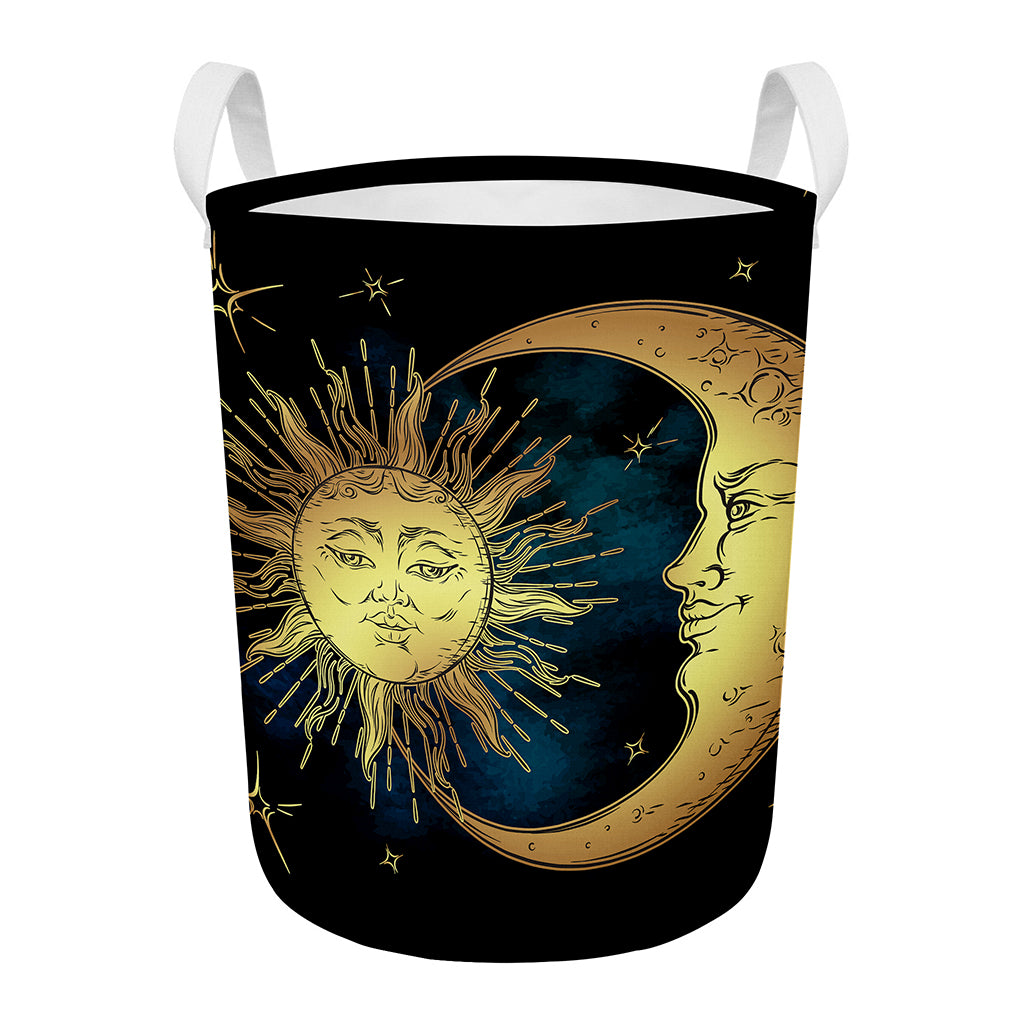 Vintage Sun And Moon Print Round Laundry Basket