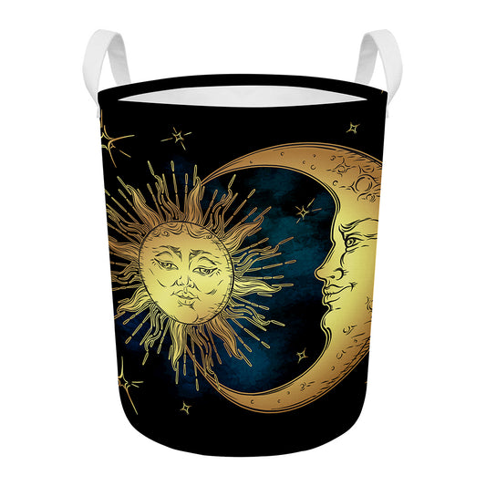 Vintage Sun And Moon Print Round Laundry Basket