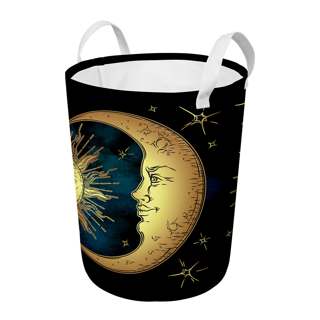 Vintage Sun And Moon Print Round Laundry Basket