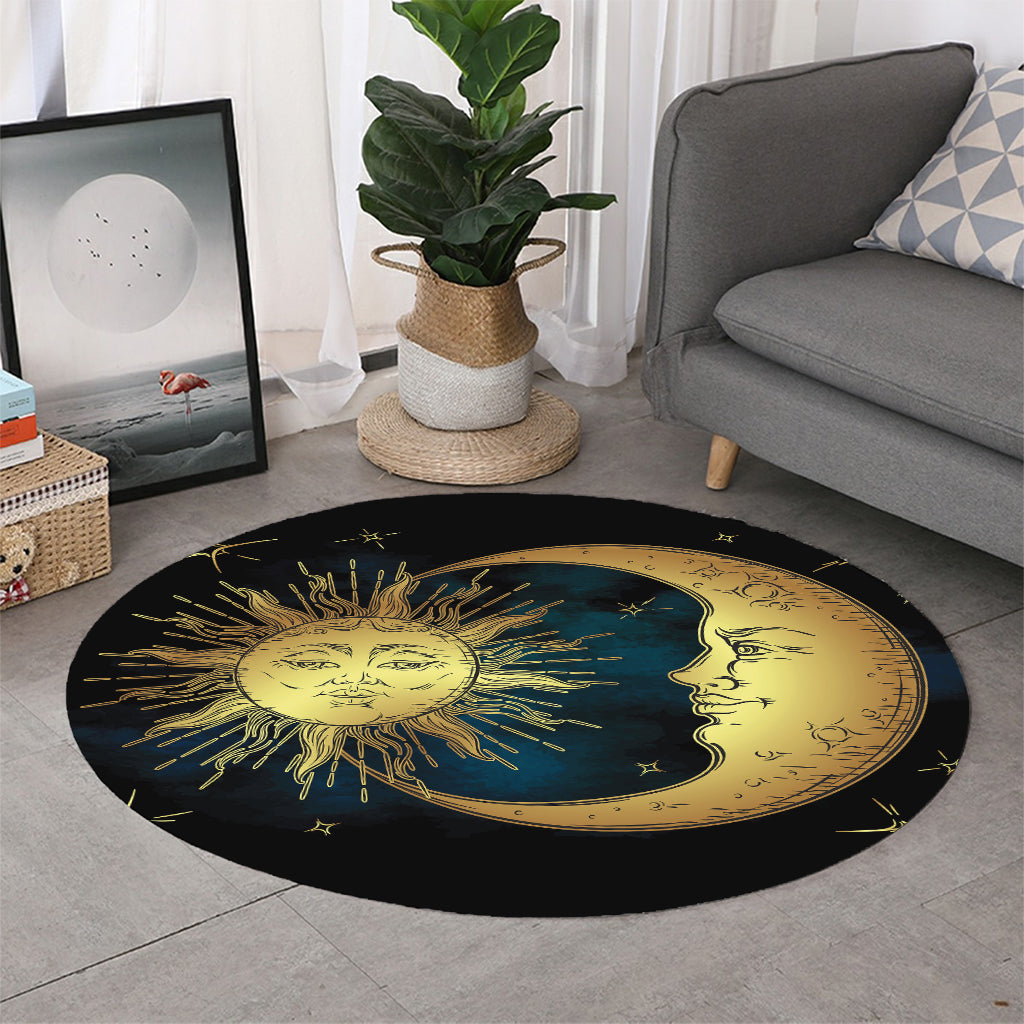 Vintage Sun And Moon Print Round Rug