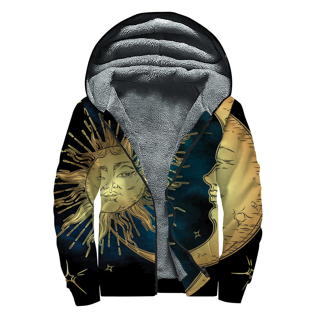 Vintage Sun And Moon Print Sherpa Lined Zip Up Hoodie