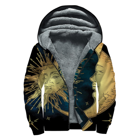 Vintage Sun And Moon Print Sherpa Lined Zip Up Hoodie