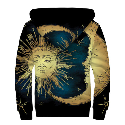 Vintage Sun And Moon Print Sherpa Lined Zip Up Hoodie