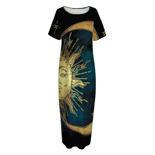 Vintage Sun And Moon Print Short Sleeve Long Nightdress