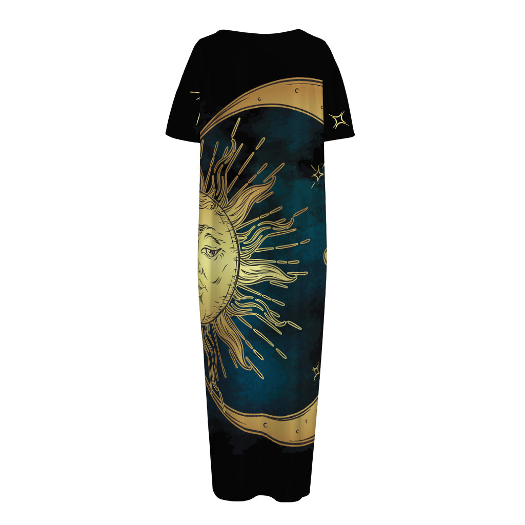 Vintage Sun And Moon Print Short Sleeve Long Nightdress
