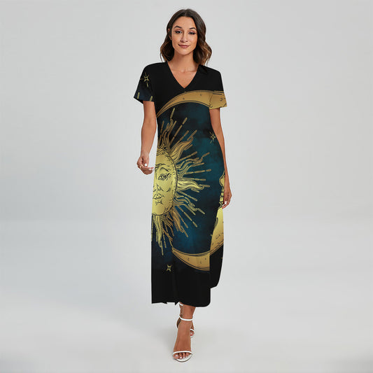 Vintage Sun And Moon Print Short Sleeve Maxi Dress