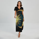 Vintage Sun And Moon Print Short Sleeve Maxi Dress