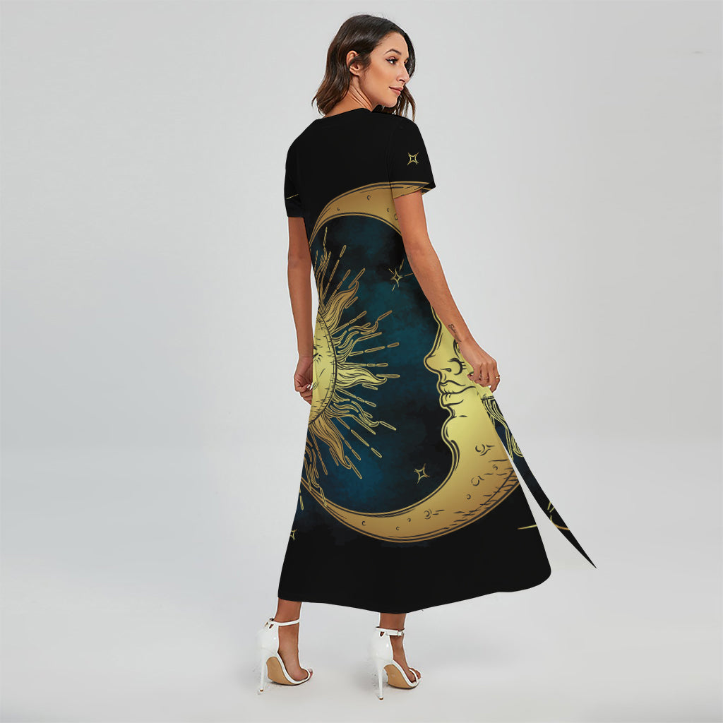 Vintage Sun And Moon Print Short Sleeve Maxi Dress