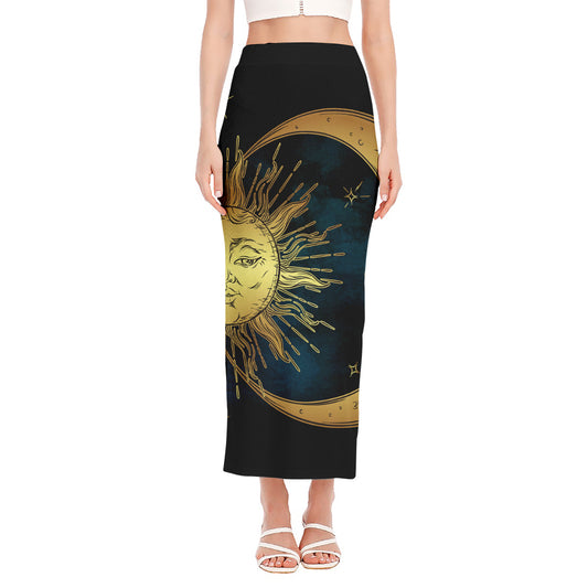 Vintage Sun And Moon Print Side Slit Maxi Skirt
