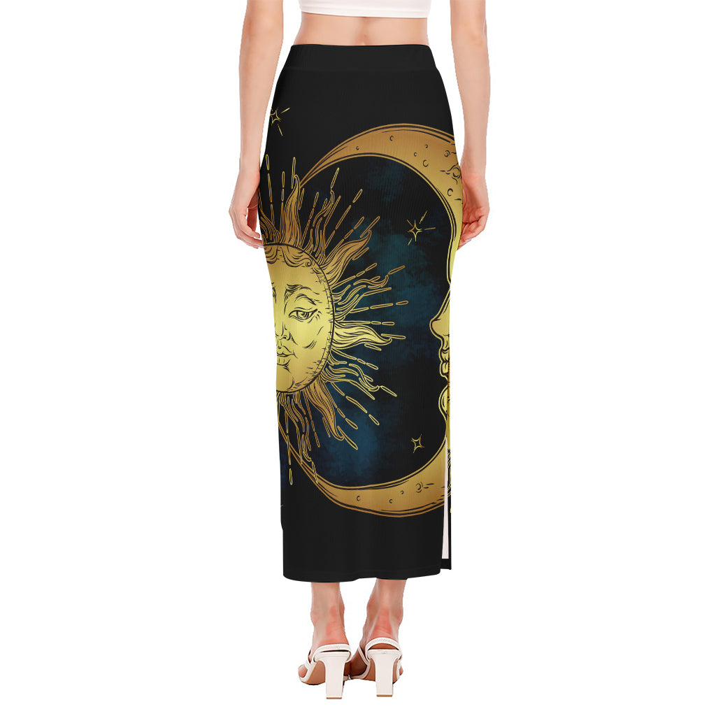 Vintage Sun And Moon Print Side Slit Maxi Skirt