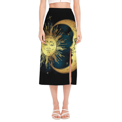 Vintage Sun And Moon Print Side Slit Midi Skirt