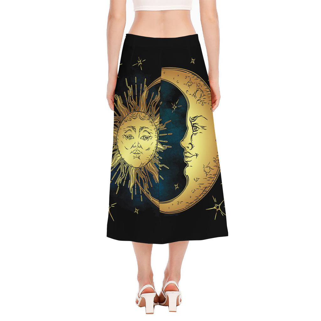 Vintage Sun And Moon Print Side Slit Midi Skirt