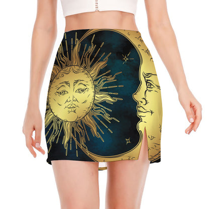 Vintage Sun And Moon Print Side Slit Mini Skirt