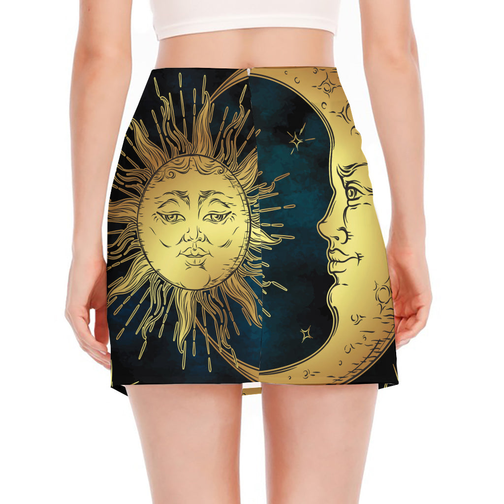 Vintage Sun And Moon Print Side Slit Mini Skirt