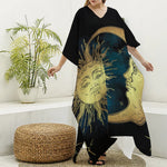 Vintage Sun And Moon Print Silk V-Neck Kaftan Dress