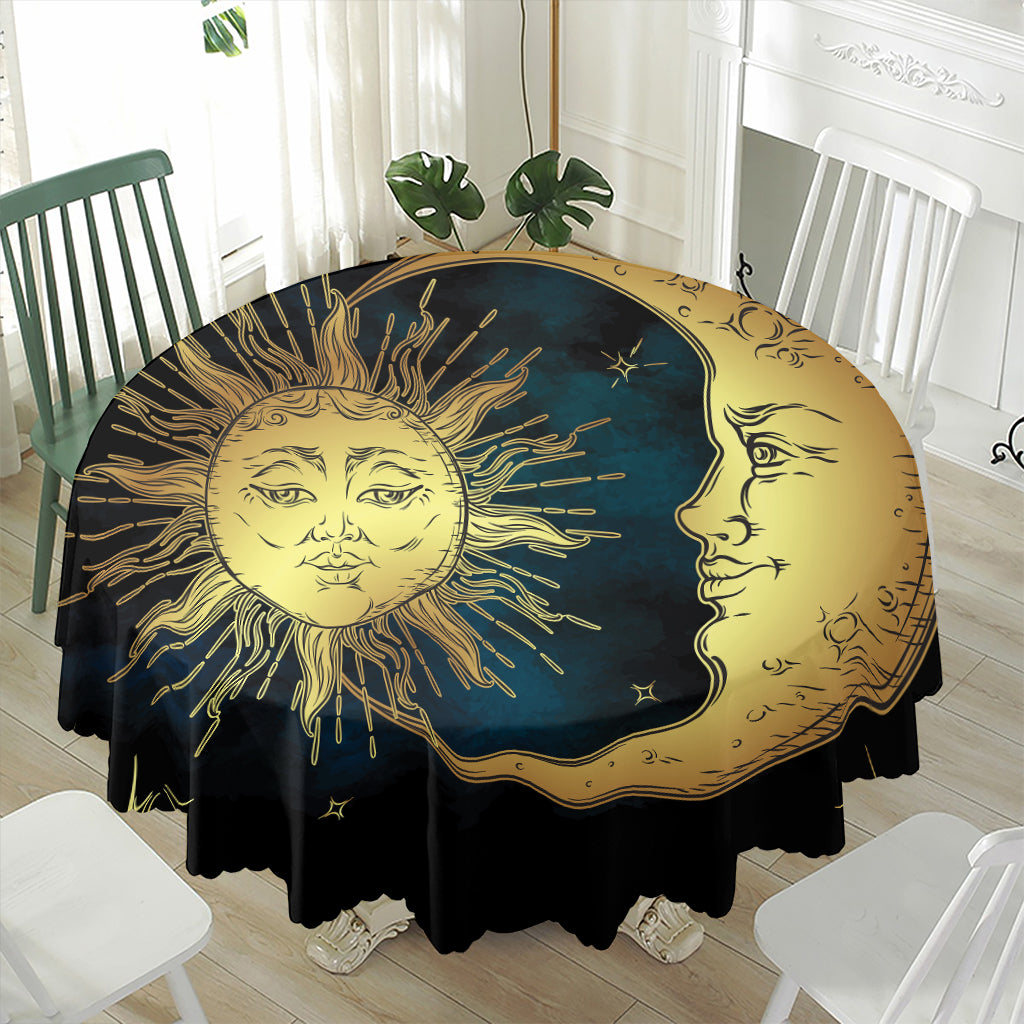 Vintage Sun And Moon Print Waterproof Round Tablecloth