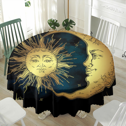 Vintage Sun And Moon Print Waterproof Round Tablecloth