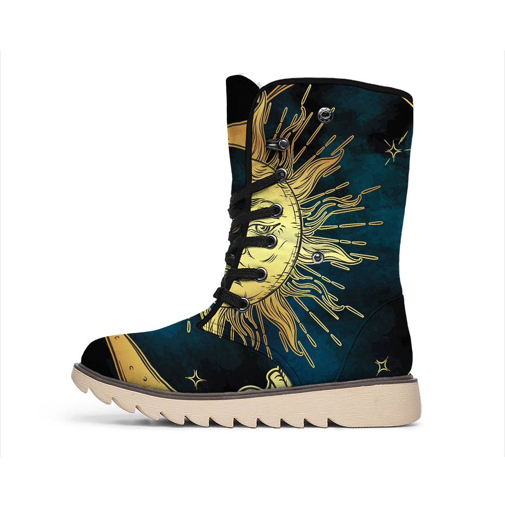 Vintage Sun And Moon Print Winter Boots