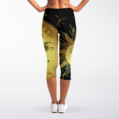Vintage Sun And Moon Print Women's Capri Leggings
