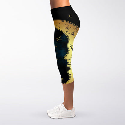 Vintage Sun And Moon Print Women's Capri Leggings