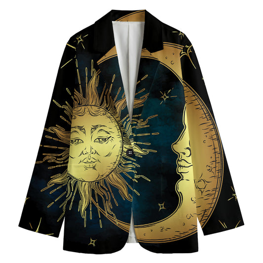 Vintage Sun And Moon Print Women's Cotton Blazer