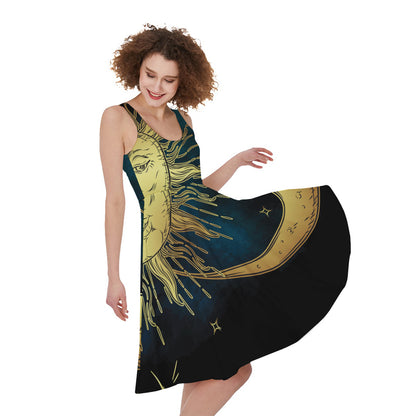 Vintage Sun And Moon Print Women's Sleeveless Dress