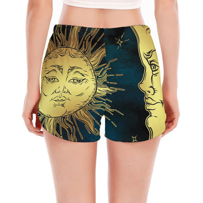 Vintage Sun And Moon Print Women's Split Running Shorts