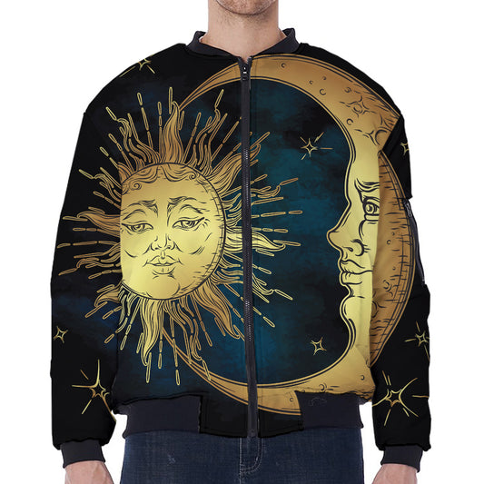 Vintage Sun And Moon Print Zip Sleeve Bomber Jacket