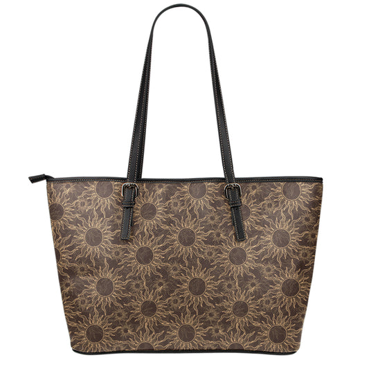 Vintage Sun Pattern Print Leather Tote Bag