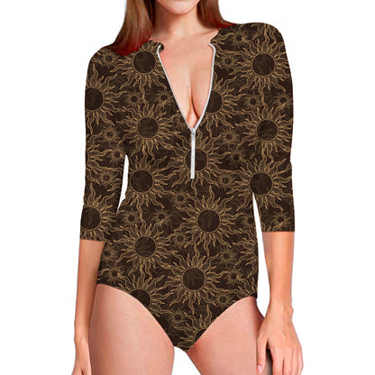 Vintage Sun Pattern Print Long Sleeve Swimsuit