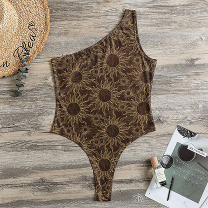 Vintage Sun Pattern Print One Shoulder Bodysuit