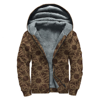 Vintage Sun Pattern Print Sherpa Lined Zip Up Hoodie