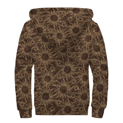 Vintage Sun Pattern Print Sherpa Lined Zip Up Hoodie