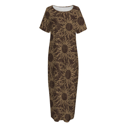 Vintage Sun Pattern Print Short Sleeve Long Nightdress
