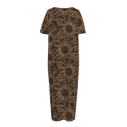 Vintage Sun Pattern Print Short Sleeve Long Nightdress